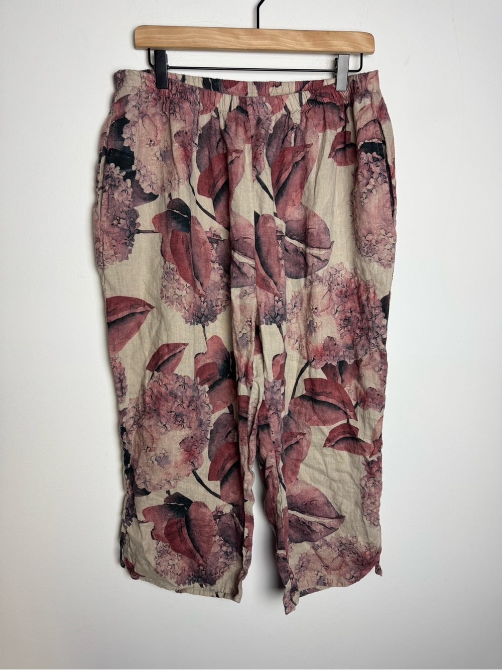Flax Linen Purple Floral Elastic Waist Pants size Large